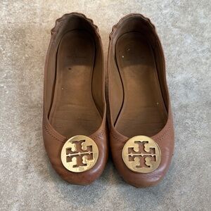 Tory Burch Brown Leather Ballet Flats with Gold Logo